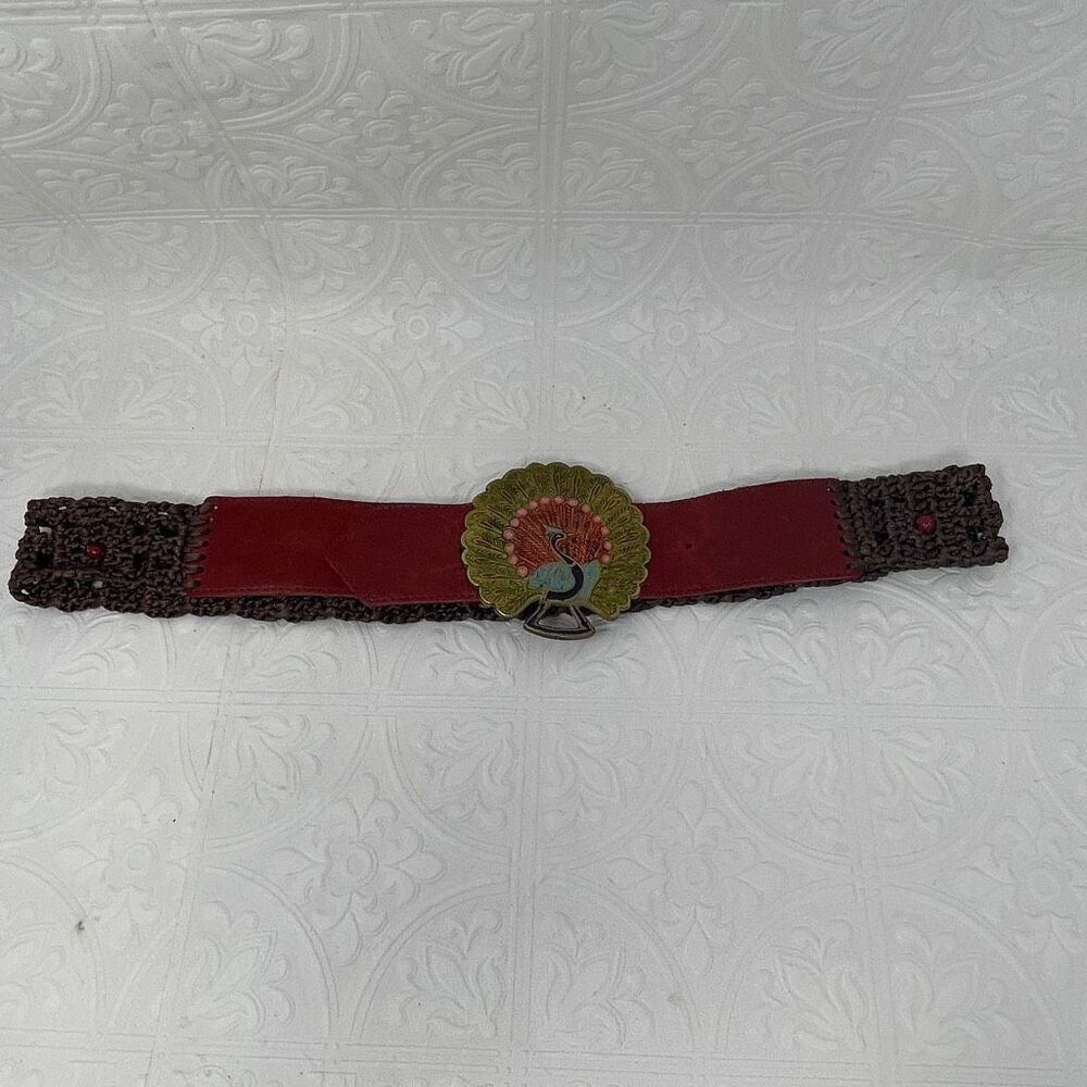 Lara Kazan Peacock Brass Buckle Belt Red Leather/Brown Crochet